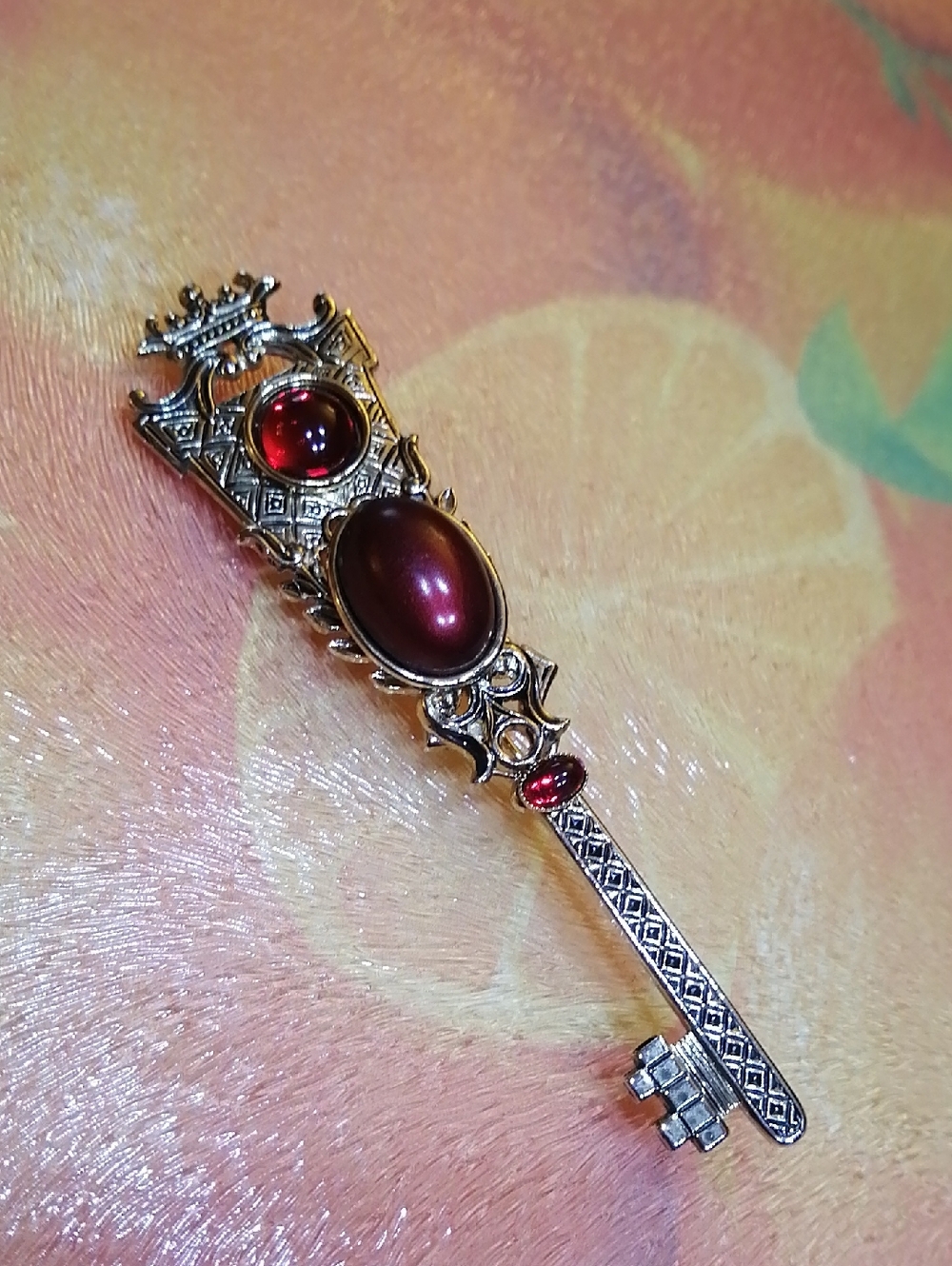 Victorian Revival Golden Key Brooch with Deep Red Cabochons Signed Chameleon